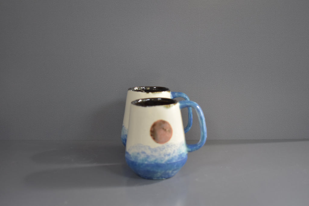 Morning Tide Mug – Handmade Ceramic Mug with Blue Wave Texture & Rising Pink Sun