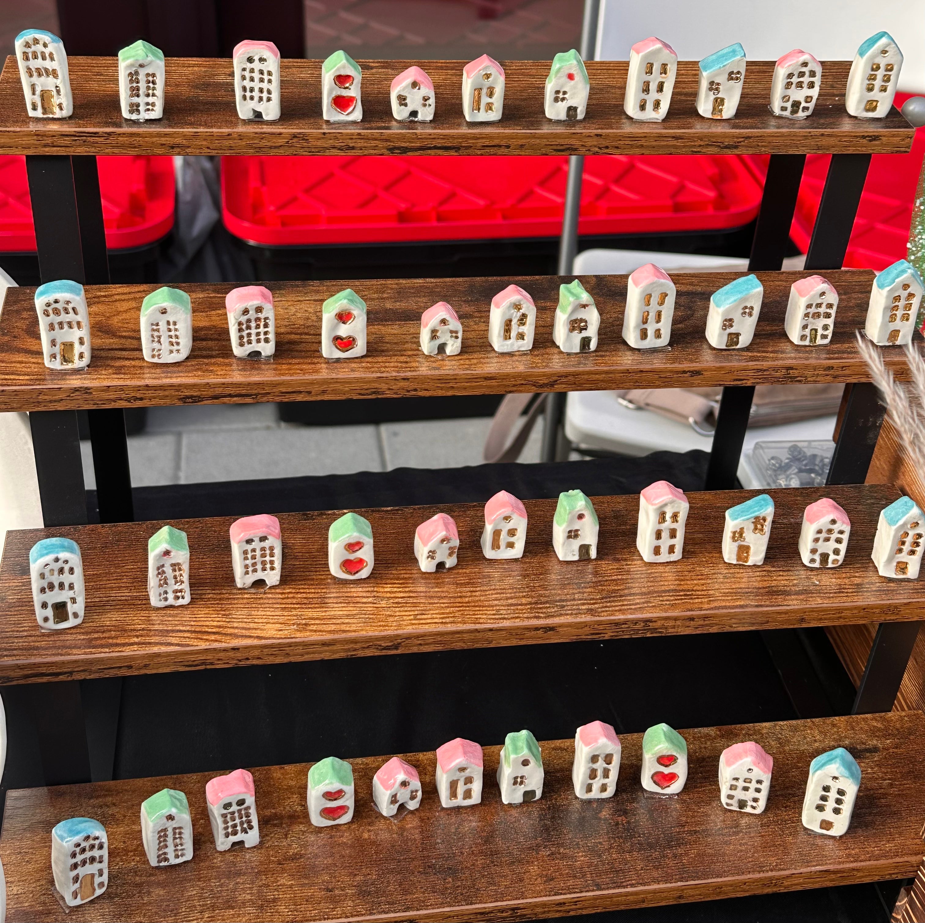 Handmade Mini Ceramic Village Houses – Miniature Home Décor with Gold Luster Accents | Christmas Holiday Décor