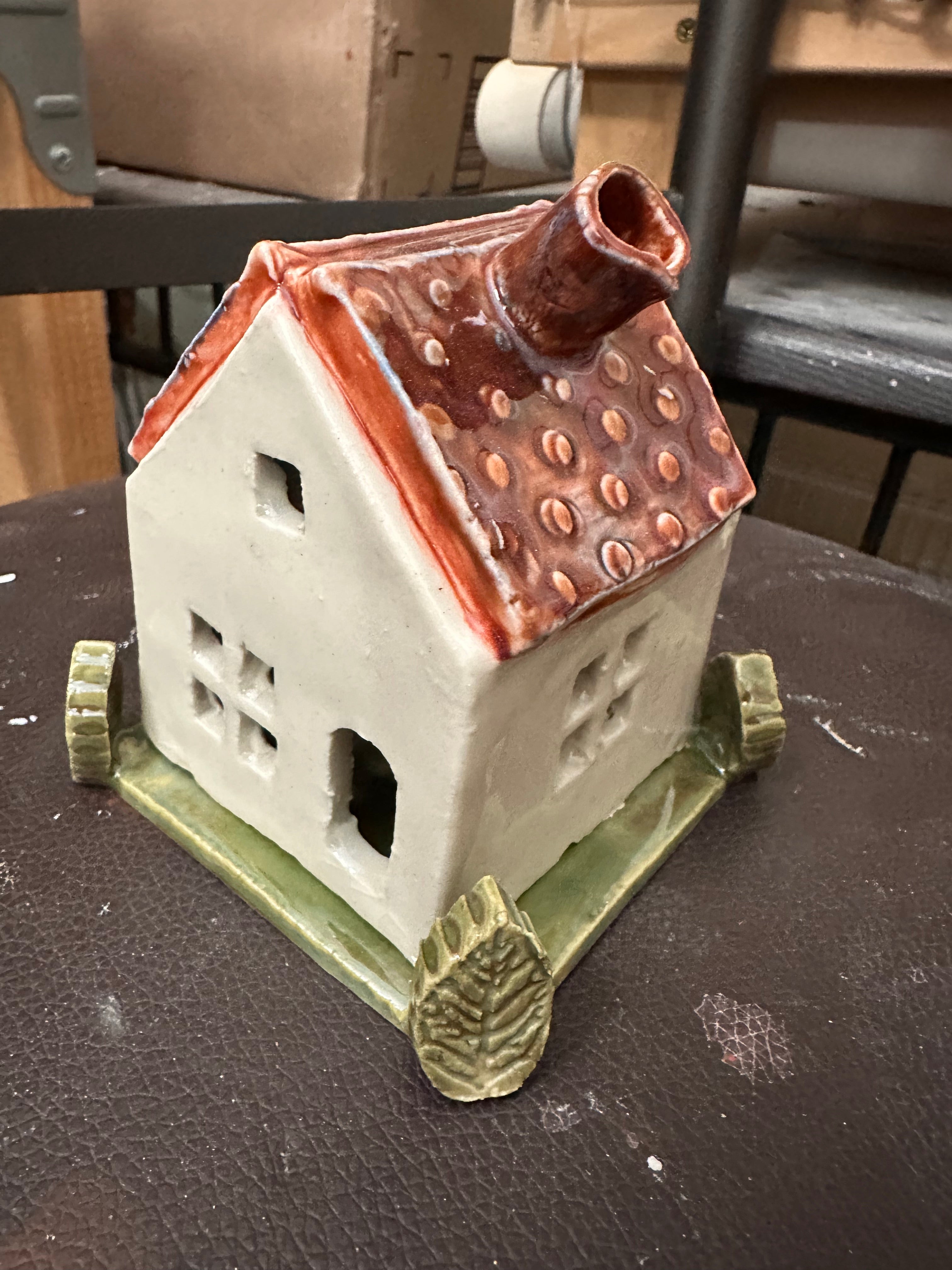 Handmade Ceramic Cottage House Tealight Holder | Nordic Brown Textured Roof Candle House | Miniature Home Décor | Incense Burner | Cozy Ceramic Luminary