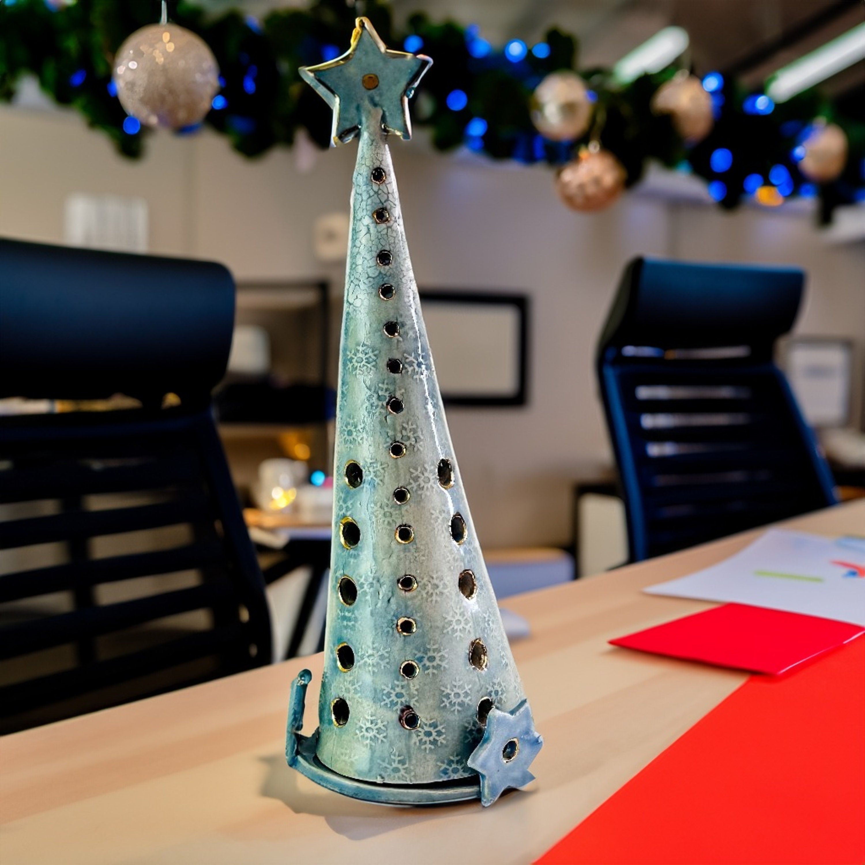 Ceramic Christmas Tree - Lagoon Blue – Illuminated Holiday Décor - Handmade Home & Office Décor
