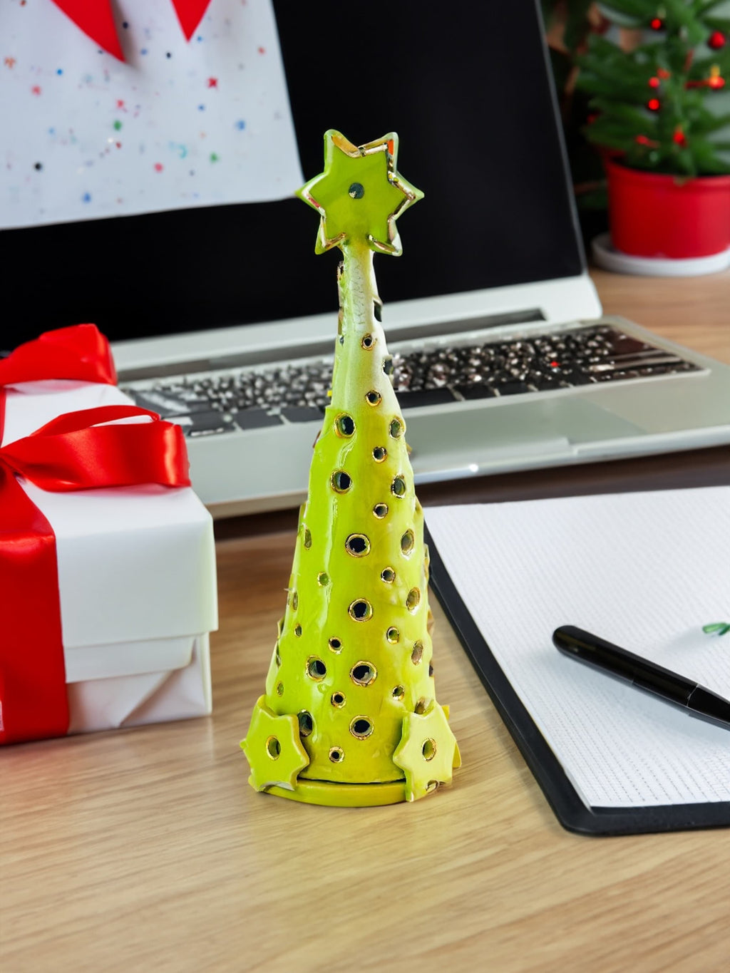 Handmade CERAMIC Glazed Christmas Tree | Candle Holder | Illuminated | Christmas Gift | Holiday Décor | House Décor | Office Décor, P Green