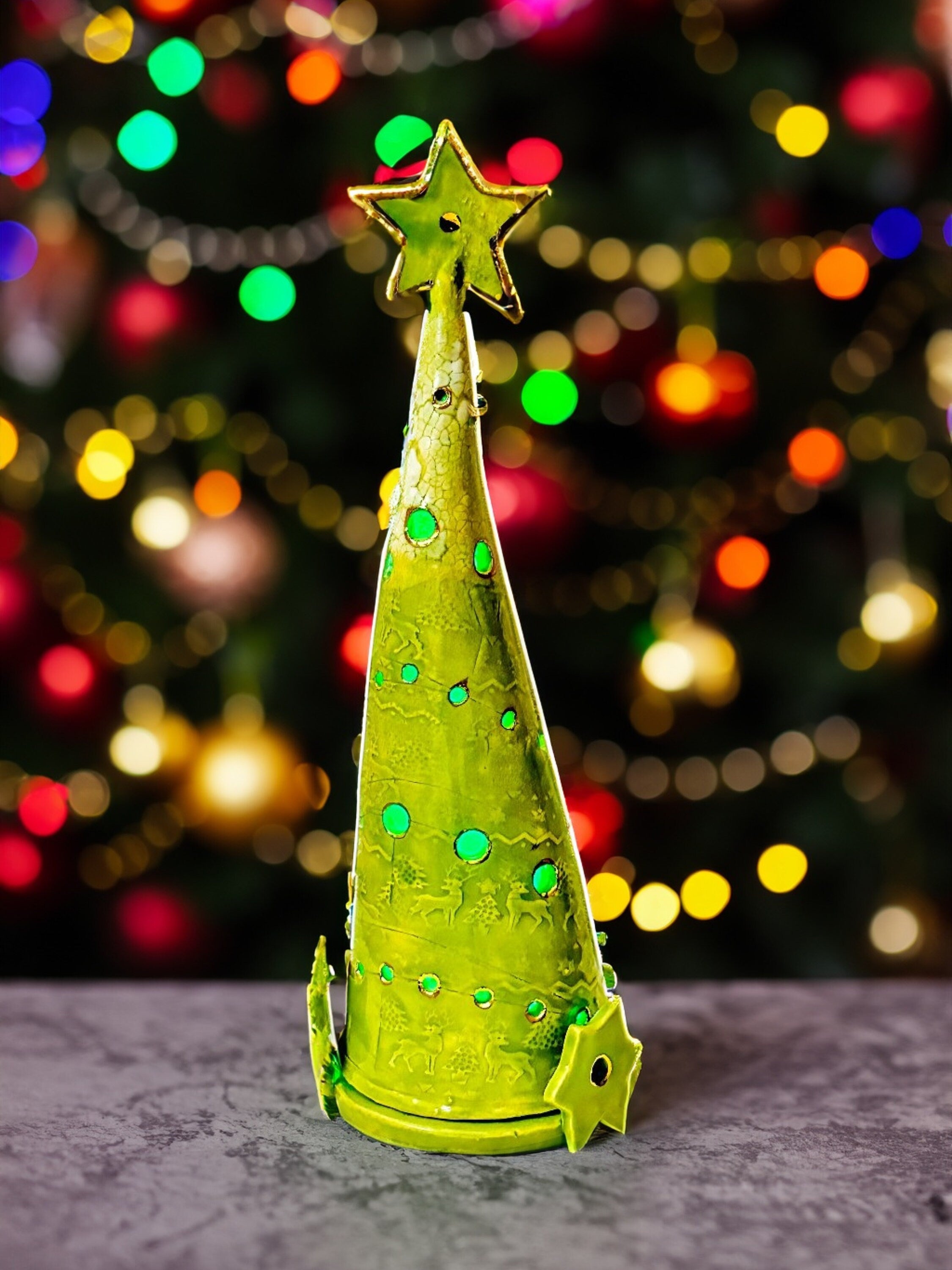 Handmade CERAMIC Glazed Christmas Tree | Candle Holder | Illuminated | Christmas Gift | Holiday Décor | House Décor | Office Décor, P Green