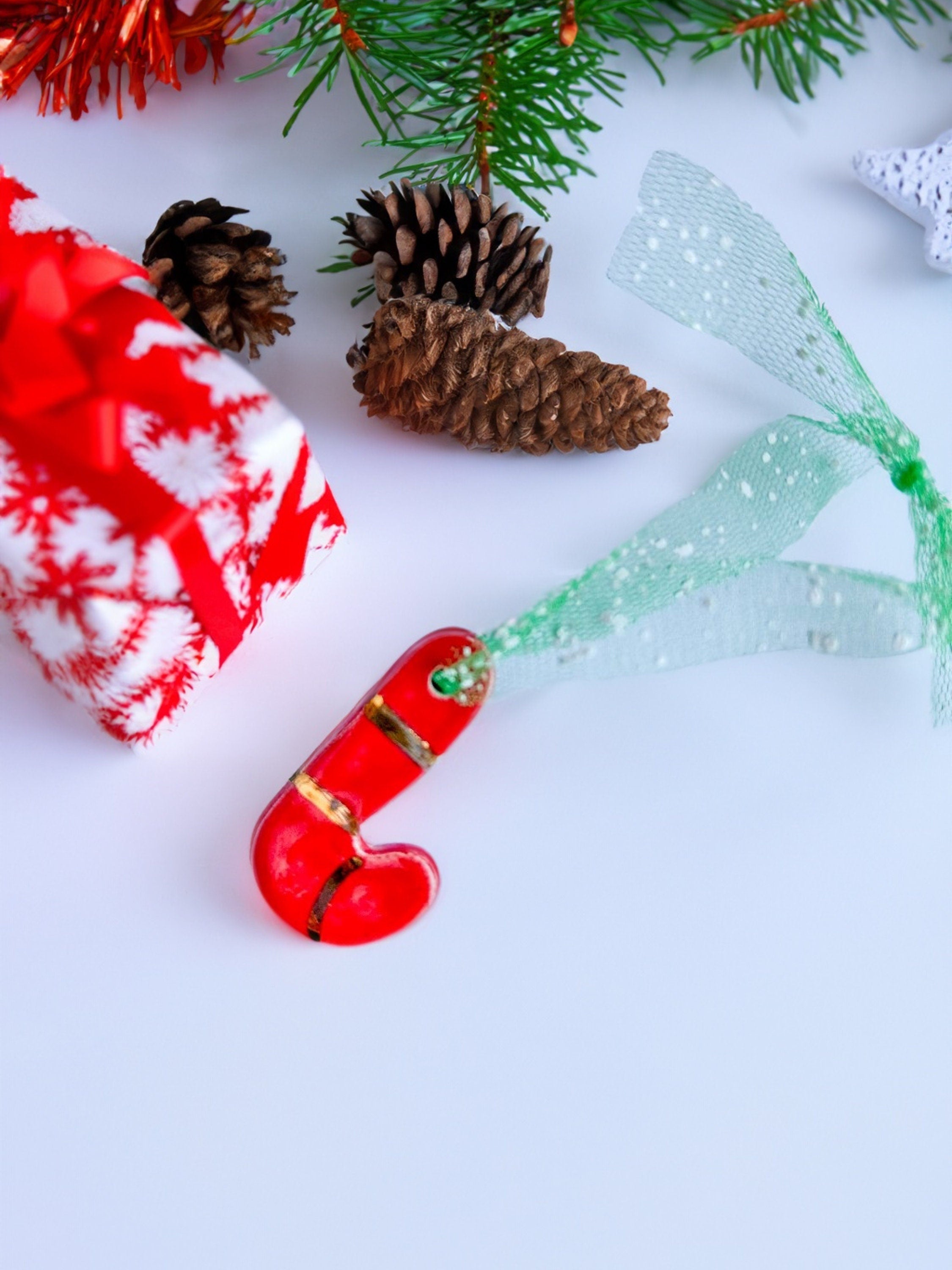 Handmade CERAMIC Glazed Christmas Ornament | Christmas Tree Décor | Christmas Gift | Holiday Décor | House Décor | Office Décor, Sock