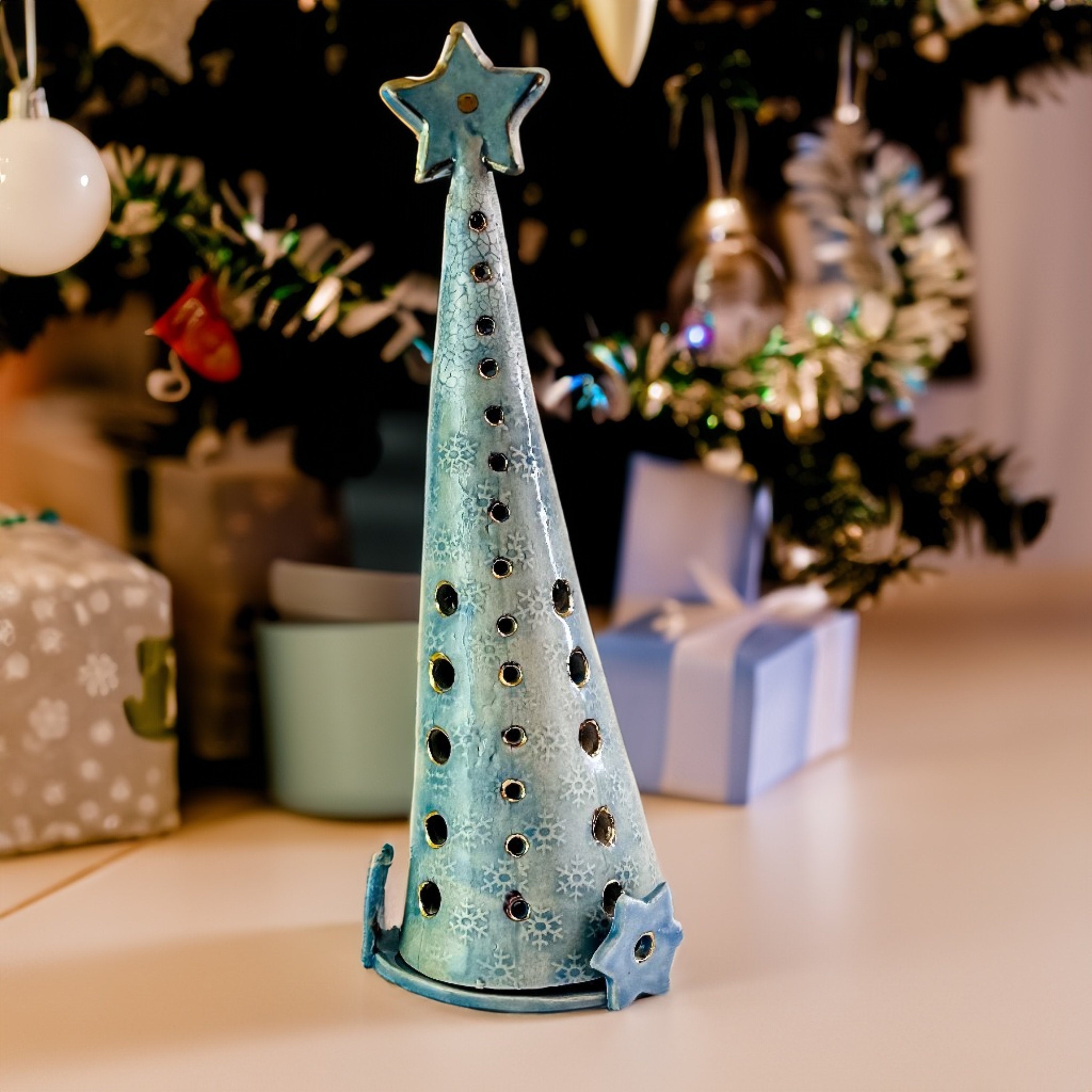 Ceramic Christmas Tree - Lagoon Blue – Illuminated Holiday Décor - Handmade Home & Office Décor
