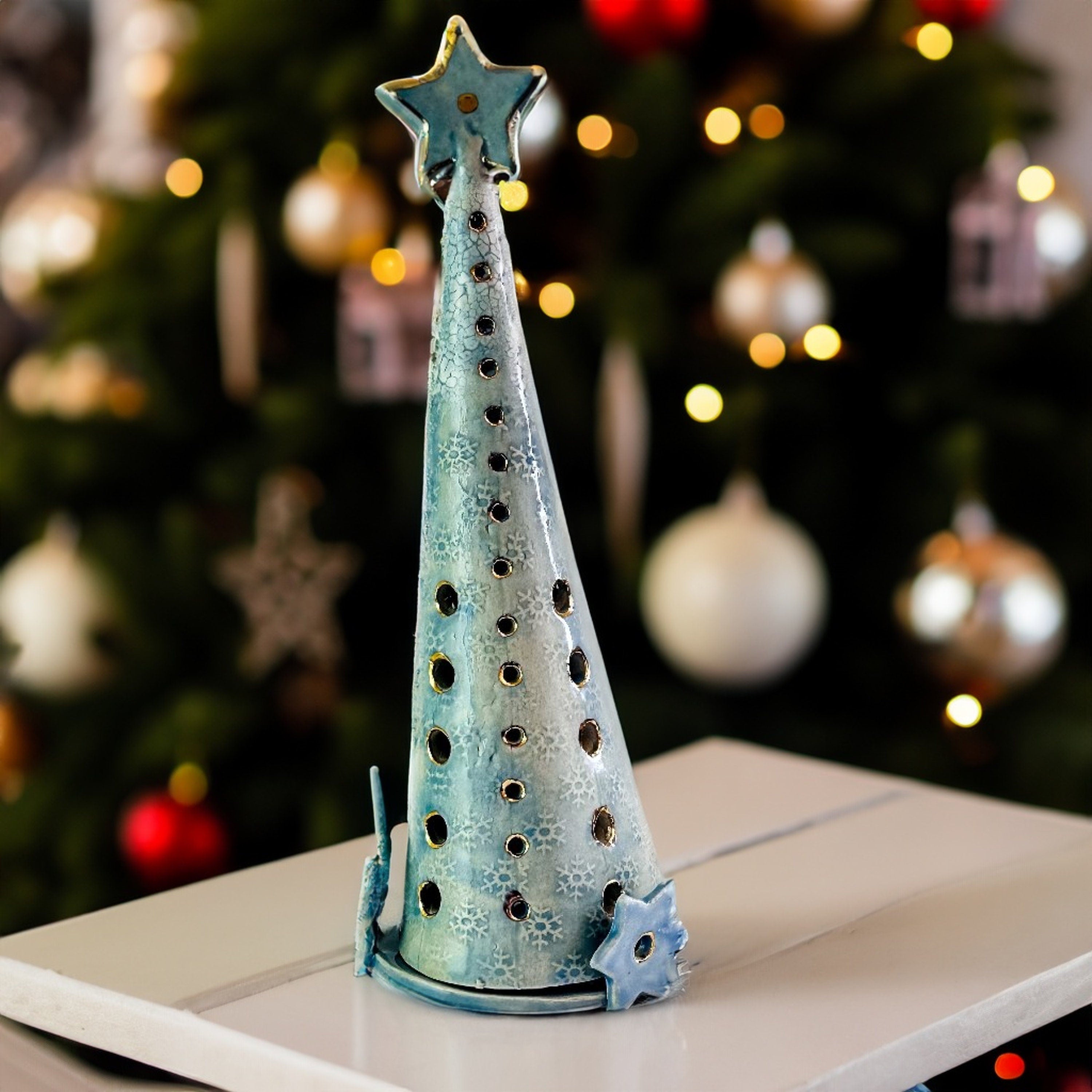 Ceramic Christmas Tree - Lagoon Blue – Illuminated Holiday Décor - Handmade Home & Office Décor