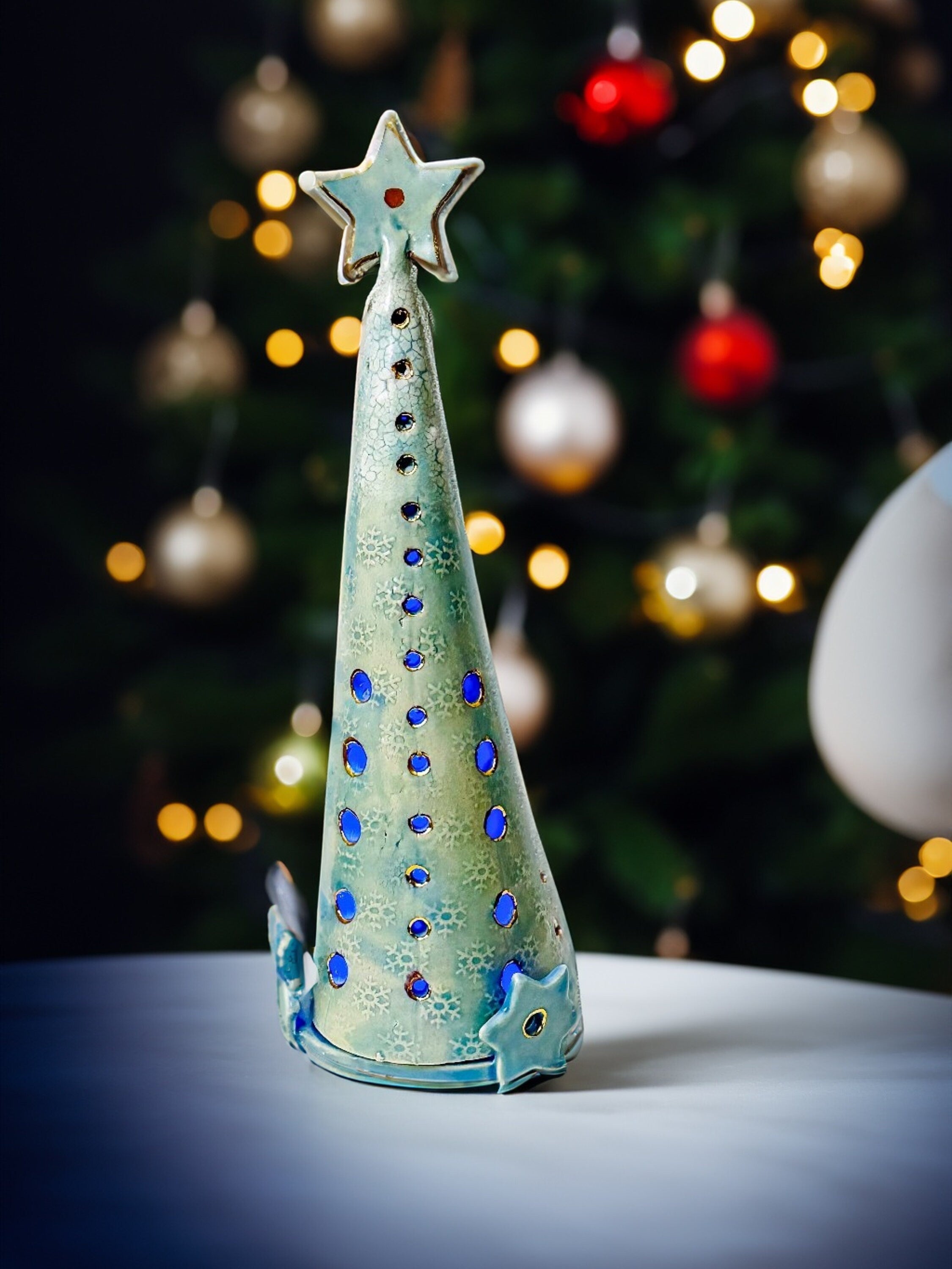 Ceramic Christmas Tree - Lagoon Blue – Illuminated Holiday Décor - Handmade Home & Office Décor