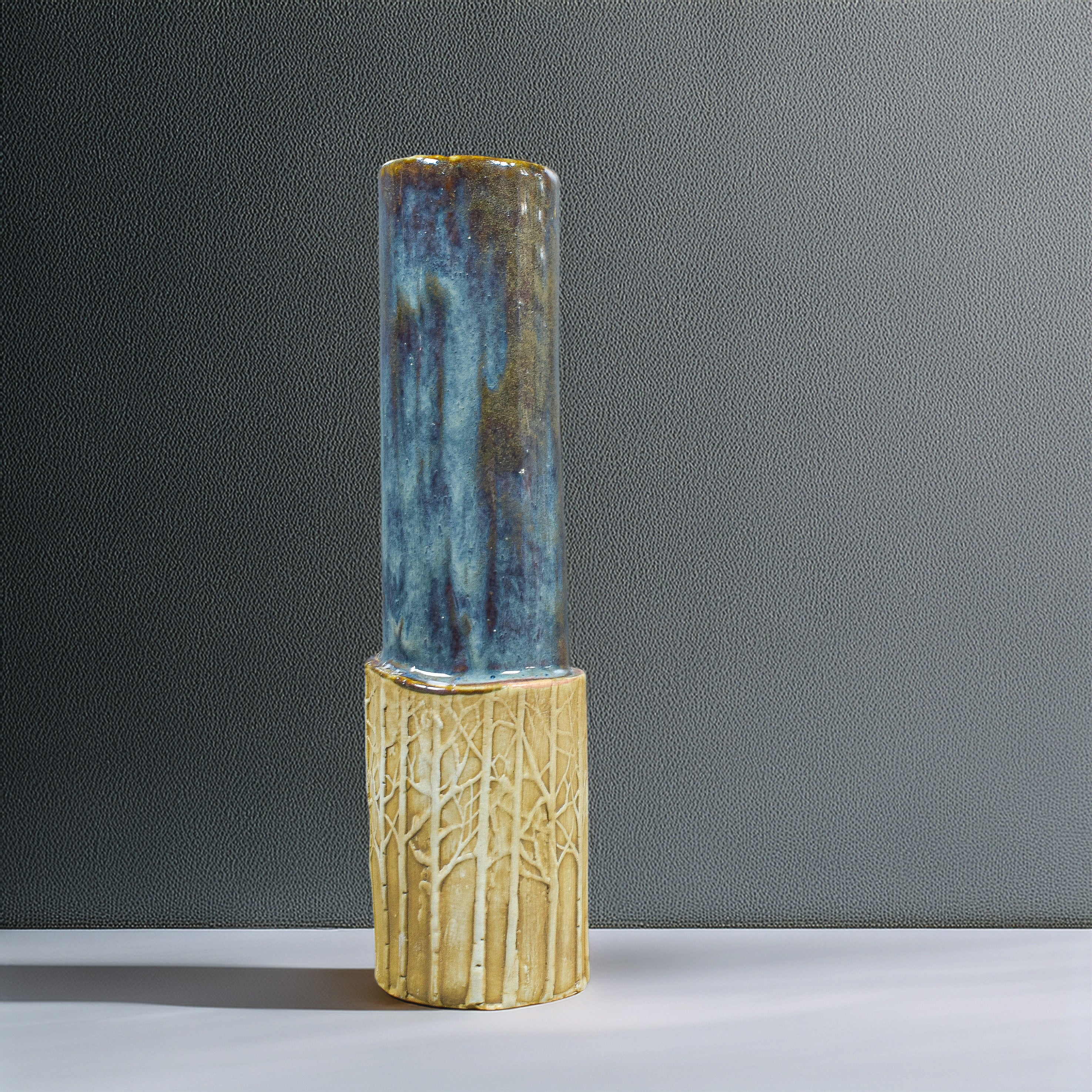 Blue Sky Forest Carved Vase – Handmade Tall Ceramic Woodland Art Vase