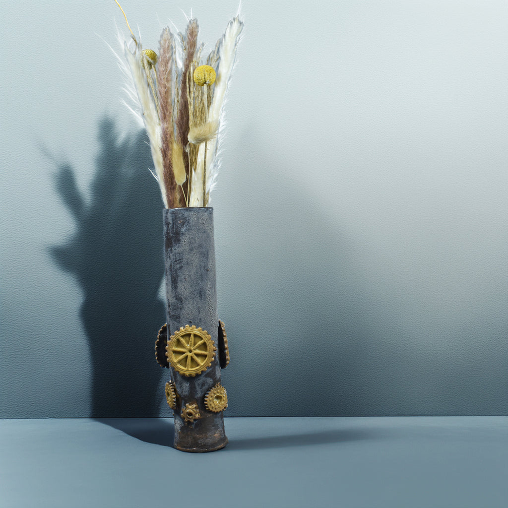 Steampunk Gearwork Tall Vase – Handmade Industrial Ceramic Decor