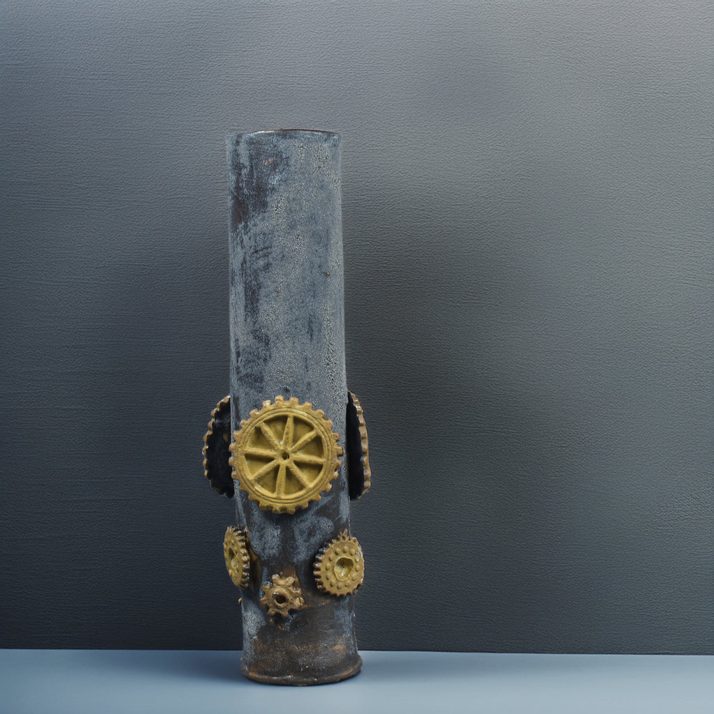 Steampunk Gearwork Tall Vase – Handmade Industrial Ceramic Decor
