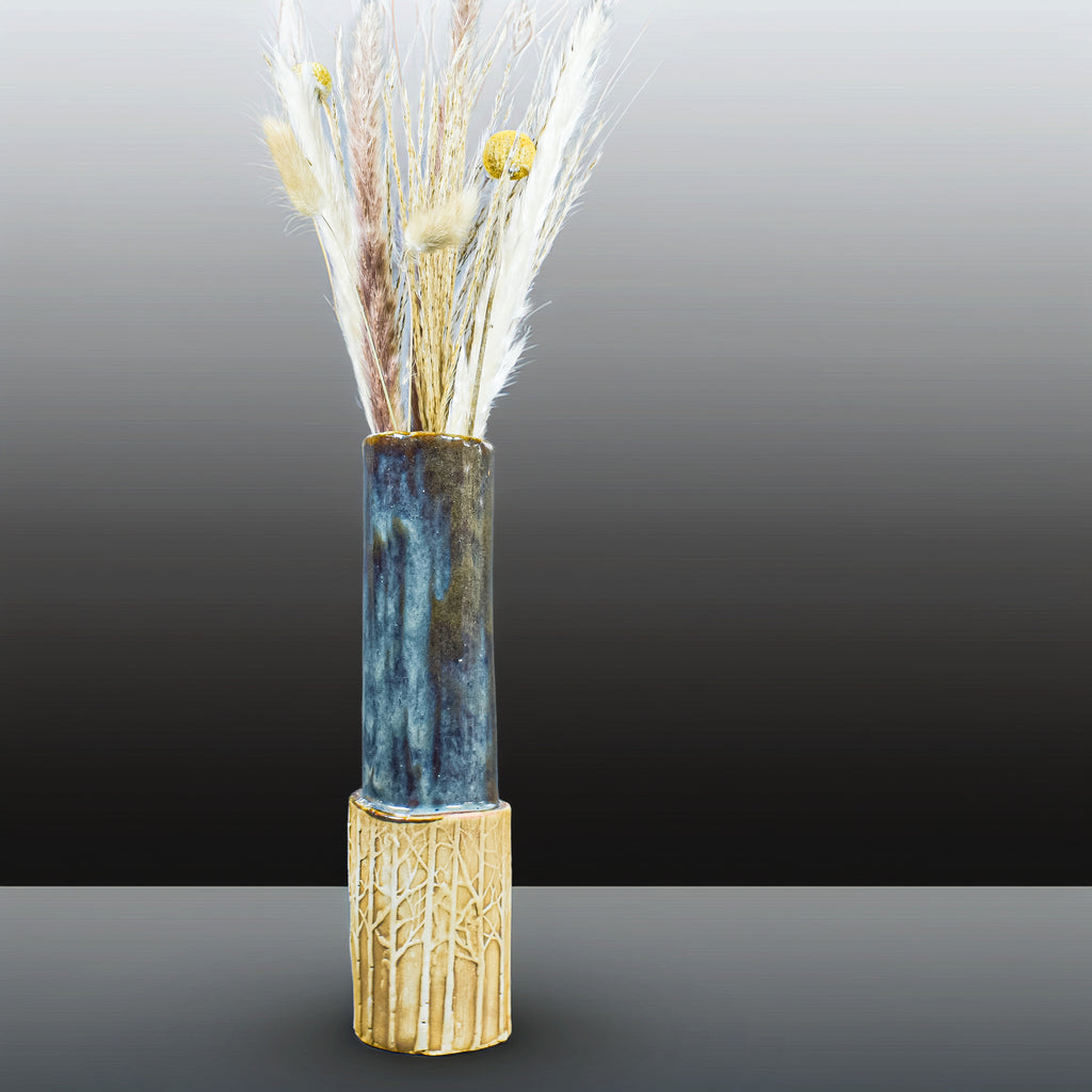 Blue Sky Forest Carved Vase – Handmade Tall Ceramic Woodland Art Vase