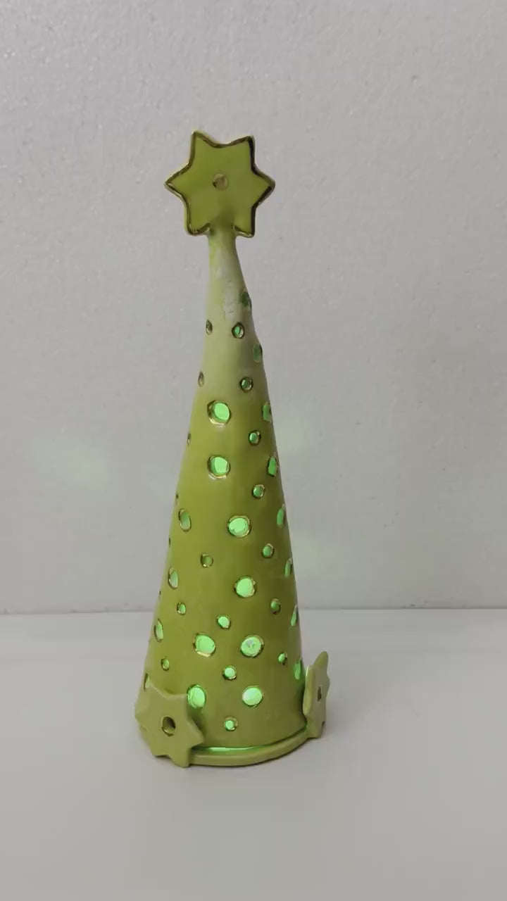 Handmade CERAMIC Glazed Christmas Tree | Candle Holder | Illuminated | Christmas Gift | Holiday Décor | House Décor | Office Décor, P Green