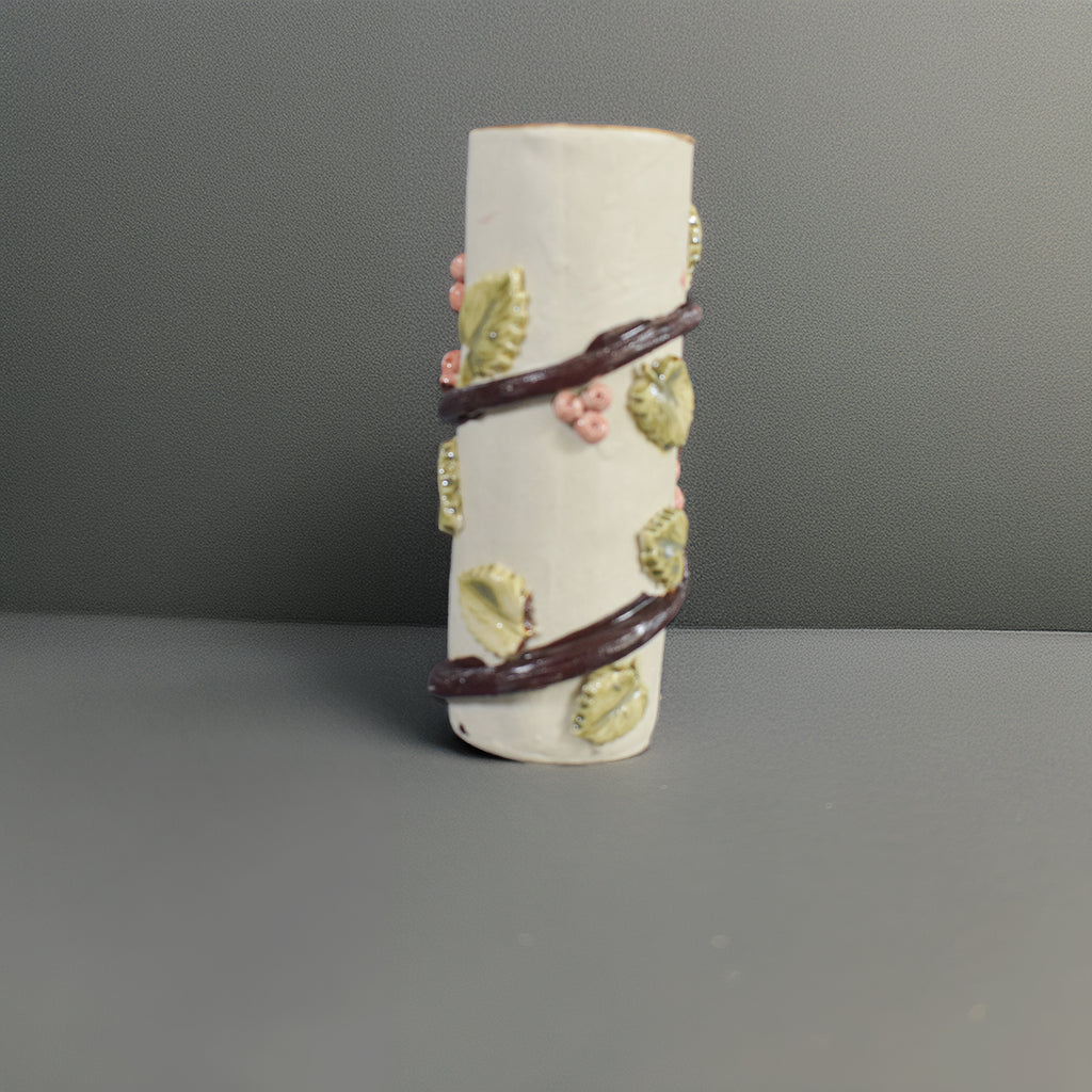 Berry Vine Bud Vase – Handmade Ceramic Vase with Sculpted Leaves & Berries