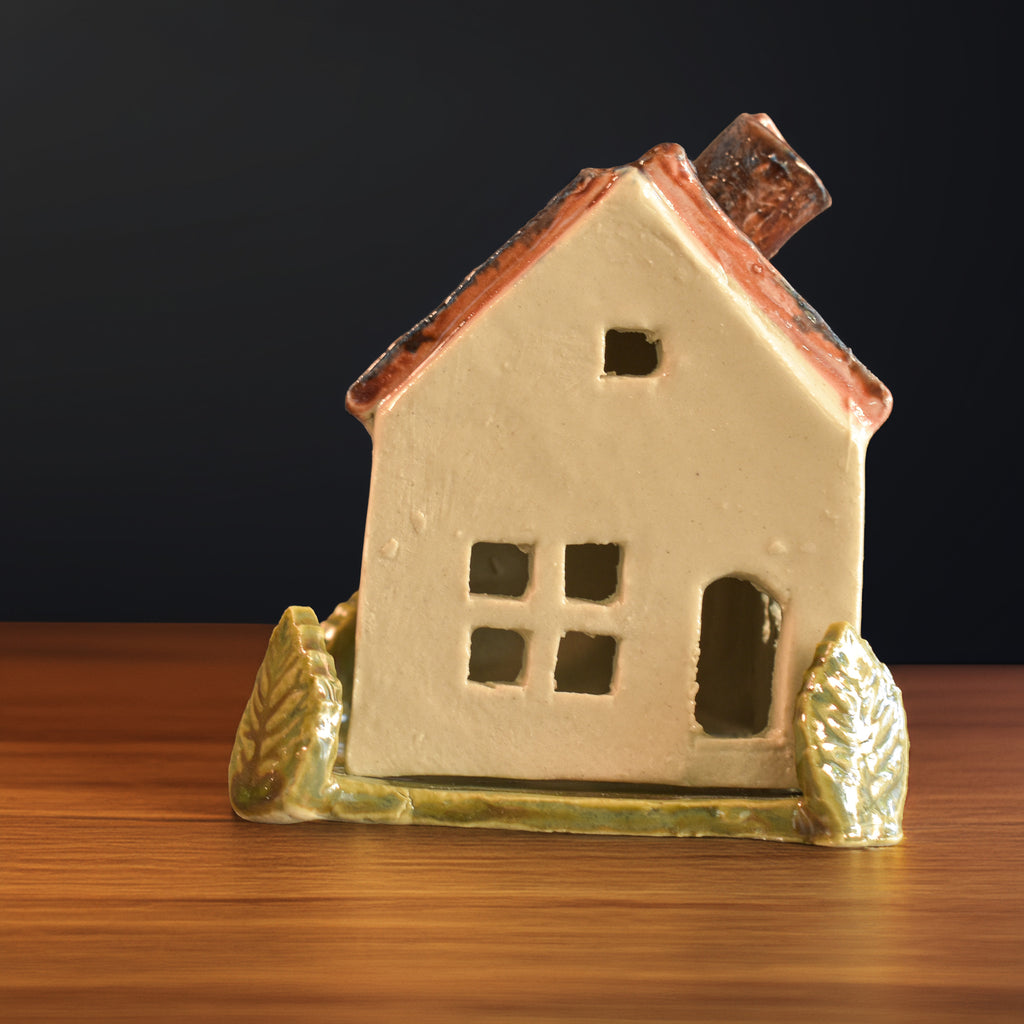 Handmade Ceramic Cottage House Tealight Holder | Nordic Brown Textured Roof Candle House | Miniature Home Décor | Incense Burner | Cozy Ceramic Luminary