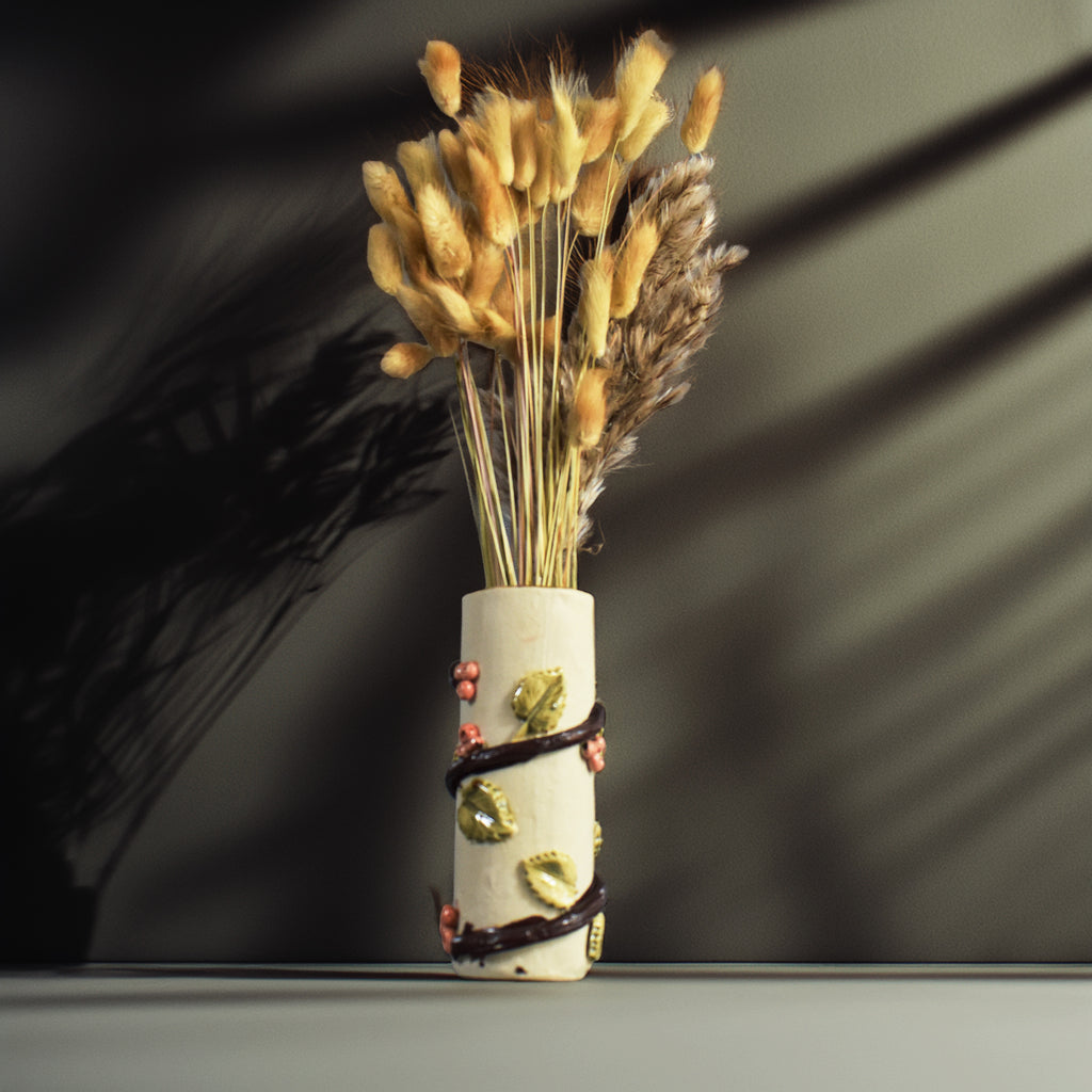 Berry Vine Bud Vase – Handmade Ceramic Vase with Sculpted Leaves & Berries