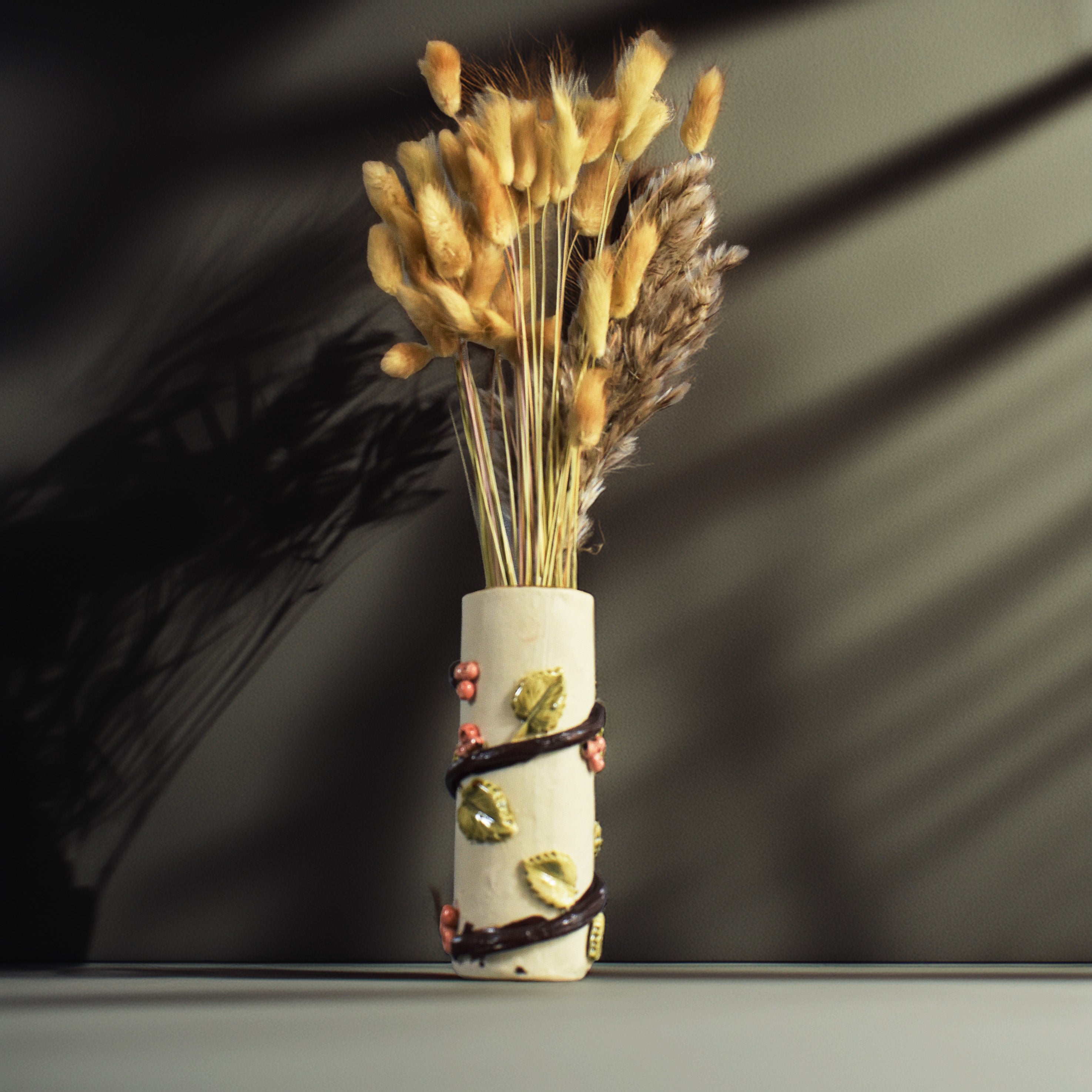 Berry Vine Bud Vase – Handmade Ceramic Vase with Sculpted Leaves & Berries