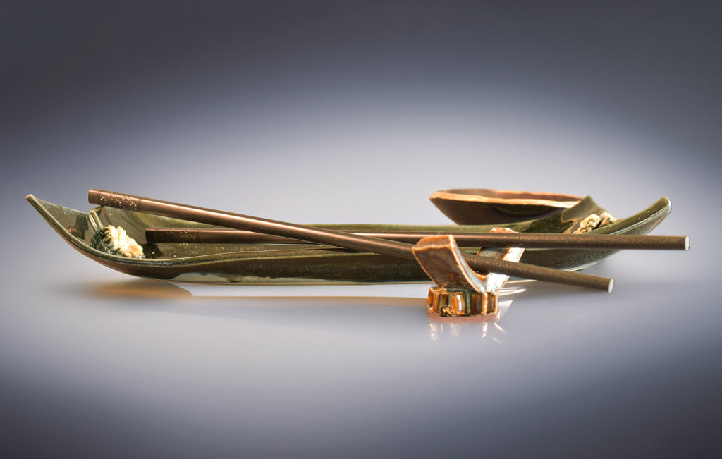 Teal Blossom Sushi Plate Set – Handmade Ceramic Sushi Serving Tray, Sauce Bowl & Chopsticks with Rest