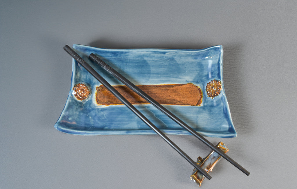 Blue Horizon Sushi Plate Set – Handmade Ceramic Sushi Serving Tray, Sauce Bowl & Chopsticks with Rest | Artisan Japanese Serving Set