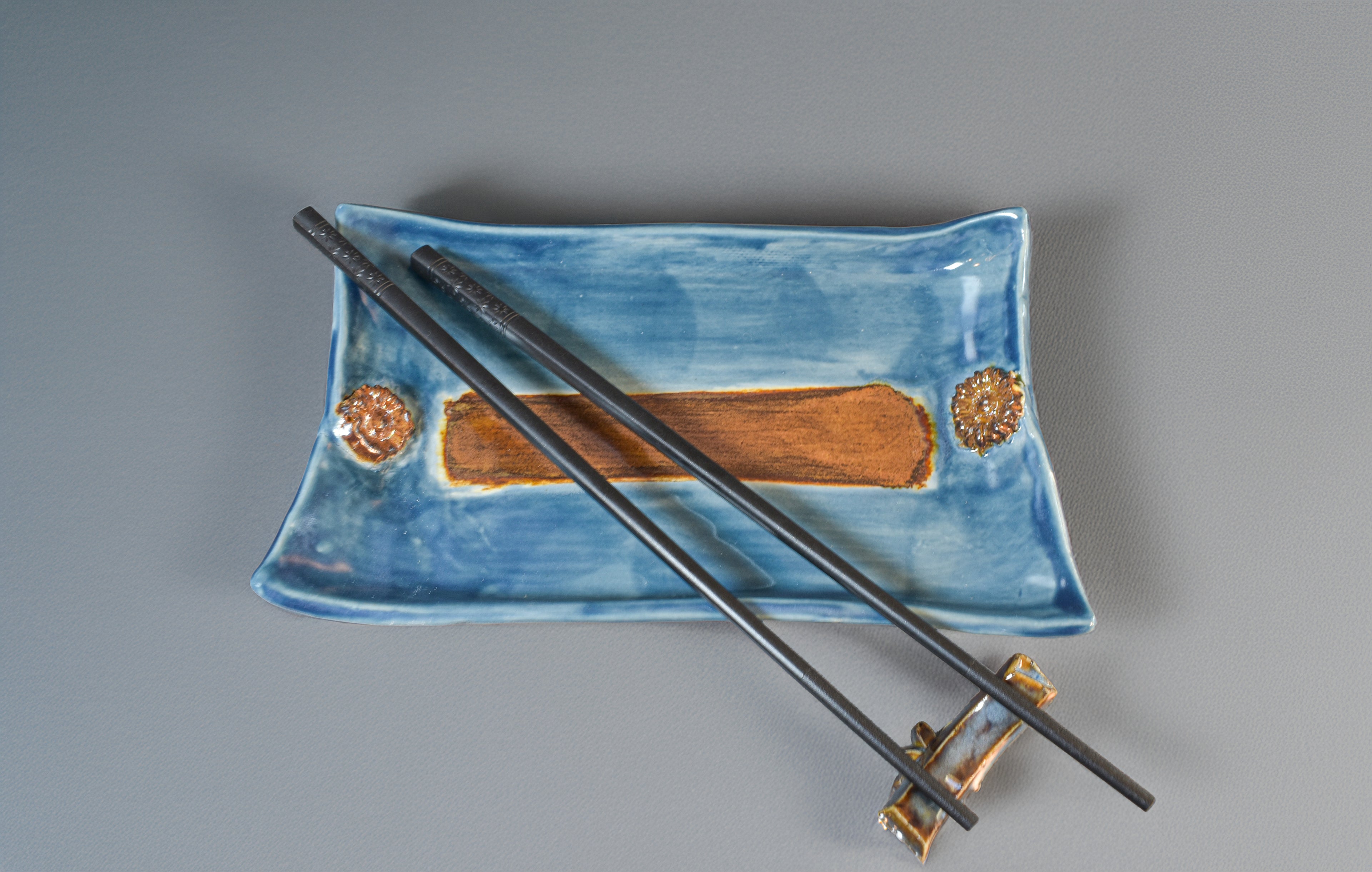 Blue Horizon Sushi Plate Set – Handmade Ceramic Sushi Serving Tray, Sauce Bowl & Chopsticks with Rest | Artisan Japanese Serving Set