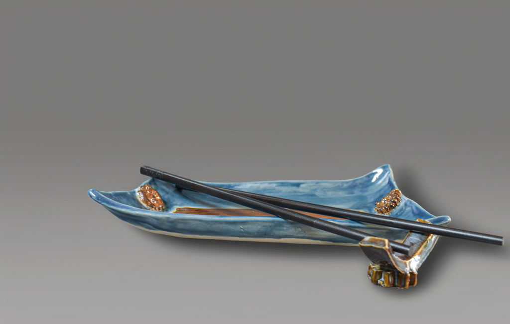 Blue Horizon Sushi Plate Set – Handmade Ceramic Sushi Serving Tray, Sauce Bowl & Chopsticks with Rest | Artisan Japanese Serving Set