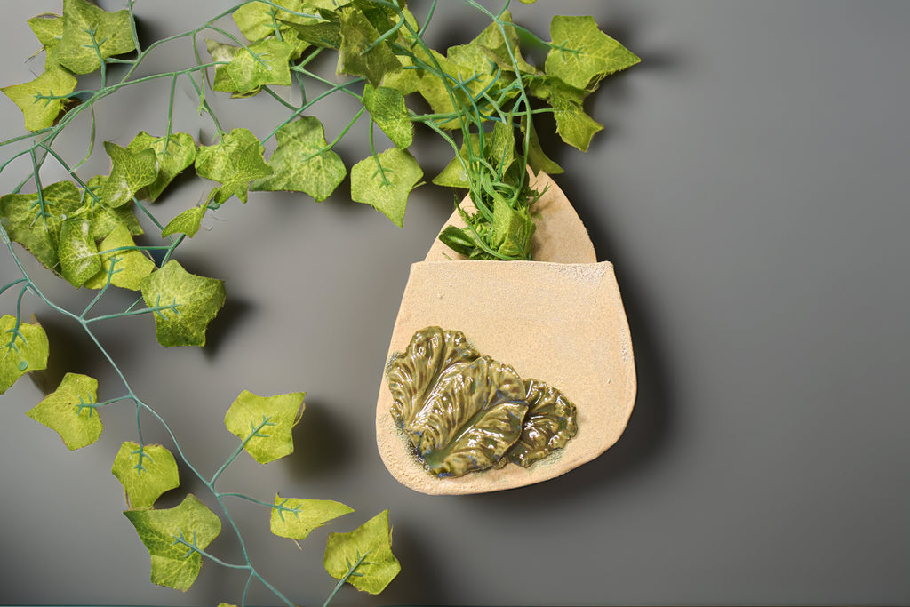 Botanical Leaf Wall Vase – Handmade Ceramic Hanging Planter | Rustic Wall Pocket