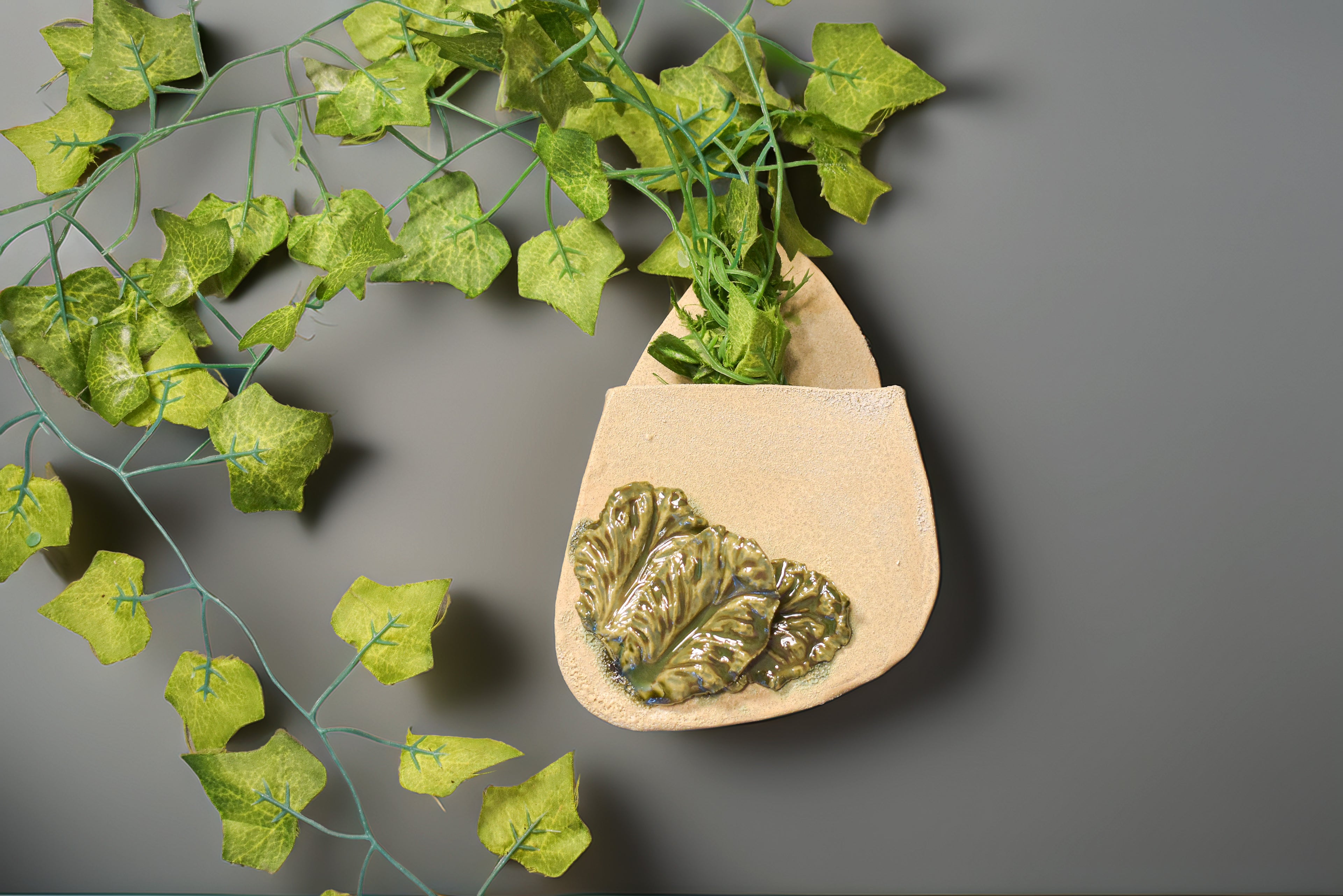 Botanical Leaf Wall Vase – Handmade Ceramic Hanging Planter | Rustic Wall Pocket